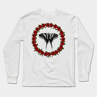 Zebra Swallowtail Butterfly in Red Rose Wreath Long Sleeve T-Shirt